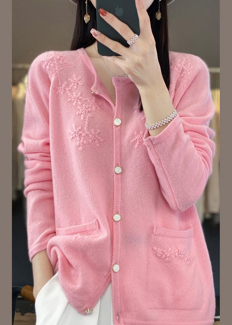 Rosafarbener Einfarbiger Kaschmir-strick-cardigan Mit O-ausschnitt Für Den Herbst - Rosa