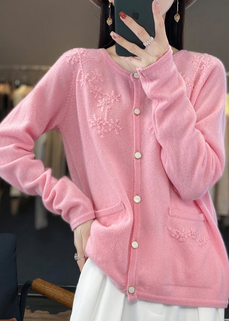 Rosafarbener Einfarbiger Kaschmir-strick-cardigan Mit O-ausschnitt Für Den Herbst - Rosa