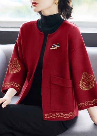 Rote Patchwork-wolljacke Mit Rundhalsausschnitt Und Taschen In Weinrot