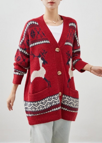 Rote Strickjacken Mit Print Und V-ausschnitt Und Taschen Winter