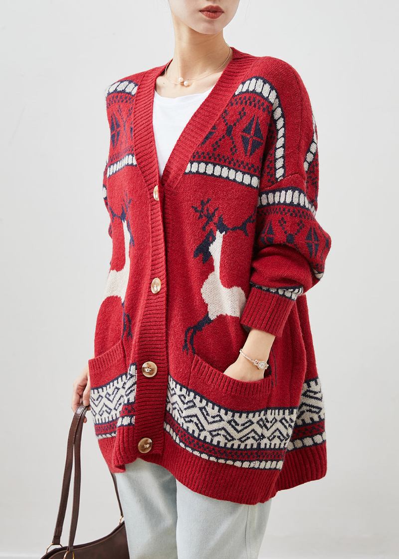 Rote Strickjacken Mit Print Und V-ausschnitt Und Taschen Winter - Damen-Cardigans