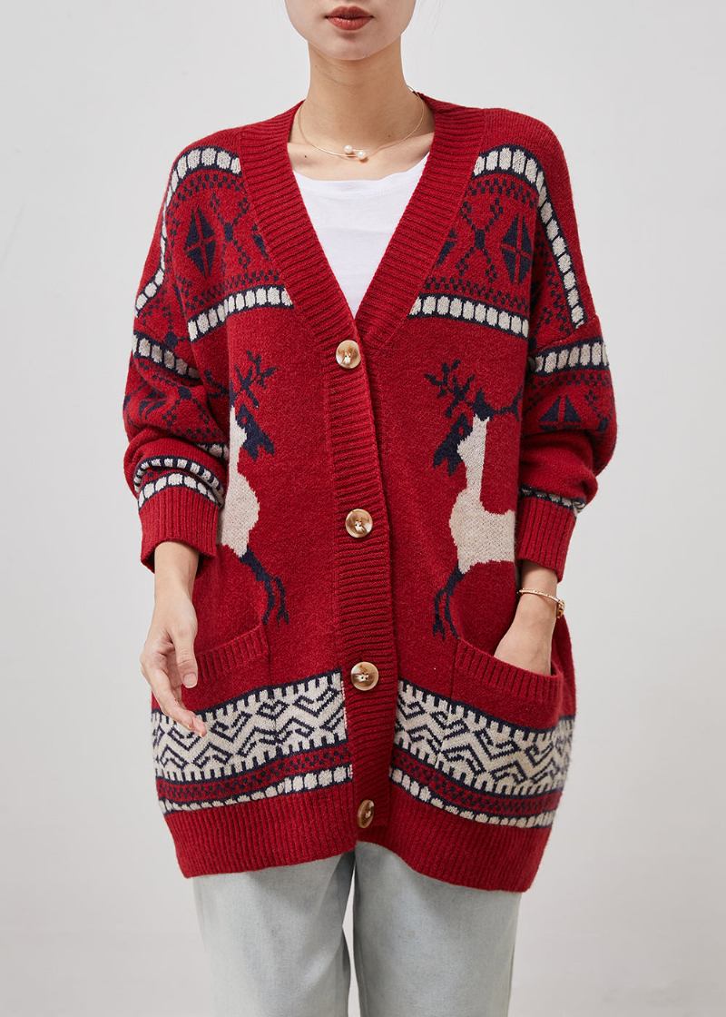 Rote Strickjacken Mit Print Und V-ausschnitt Und Taschen Winter - Damen-Cardigans