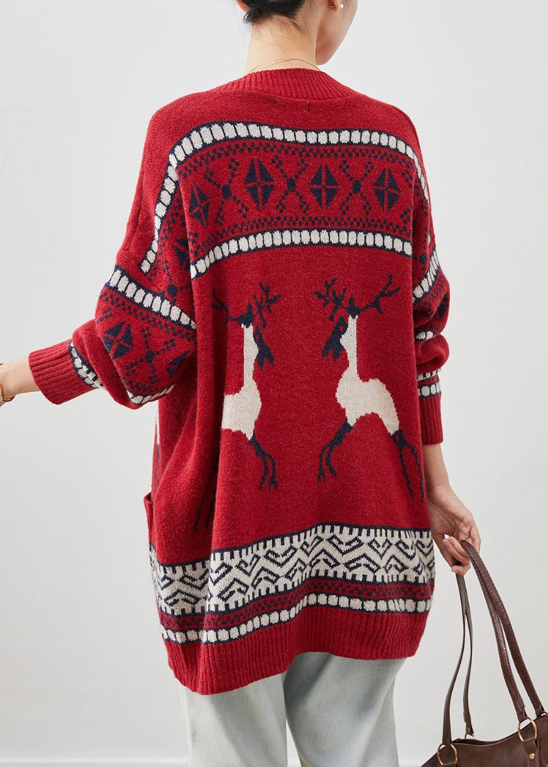 Rote Strickjacken Mit Print Und V-ausschnitt Und Taschen Winter - Damen-Cardigans