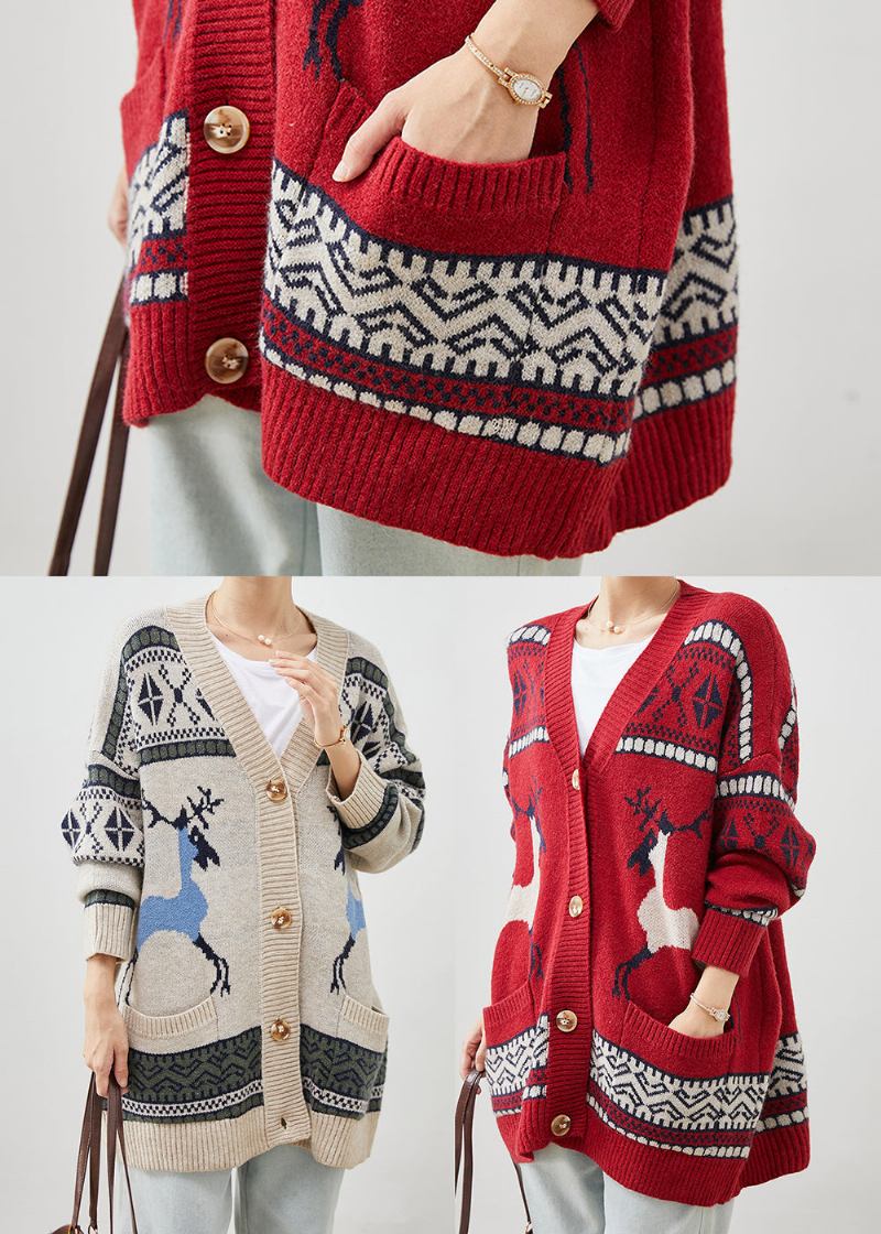 Rote Strickjacken Mit Print Und V-ausschnitt Und Taschen Winter - Damen-Cardigans