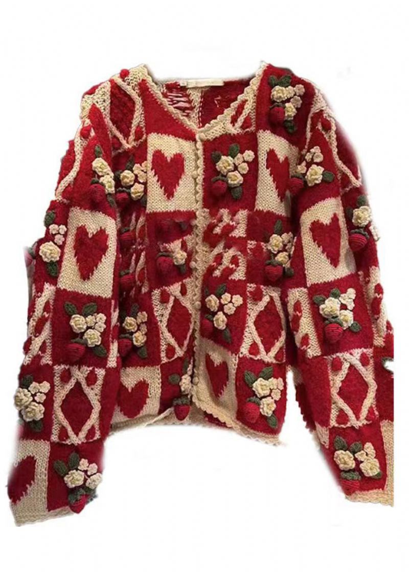 Roter Geblümter Rundhals-cardigan Mit Patchwork-muster Und Langen Ärmeln - Damen-Cardigans