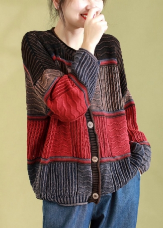 Roter Lässiger Patchwork-strickcardigan Mit Rundhalsausschnitt Und Knopf Für Den Frühling