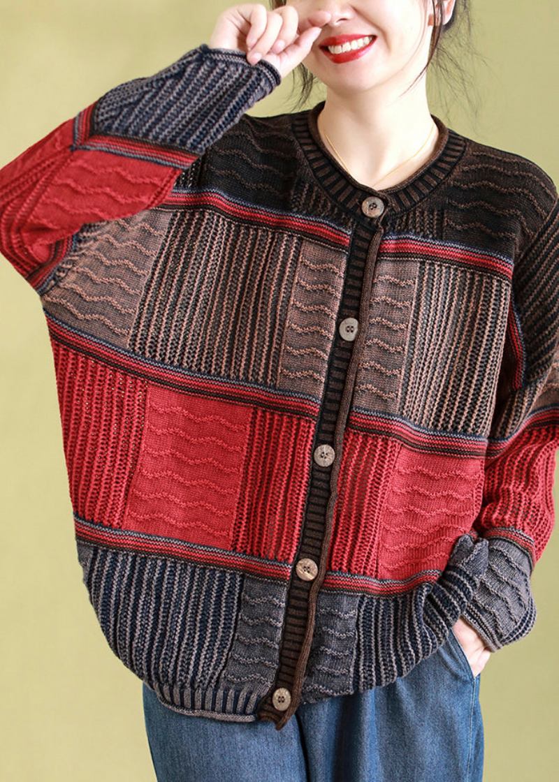 Roter Lässiger Patchwork-strickcardigan Mit Rundhalsausschnitt Und Knopf Für Den Frühling - Damen-Cardigans