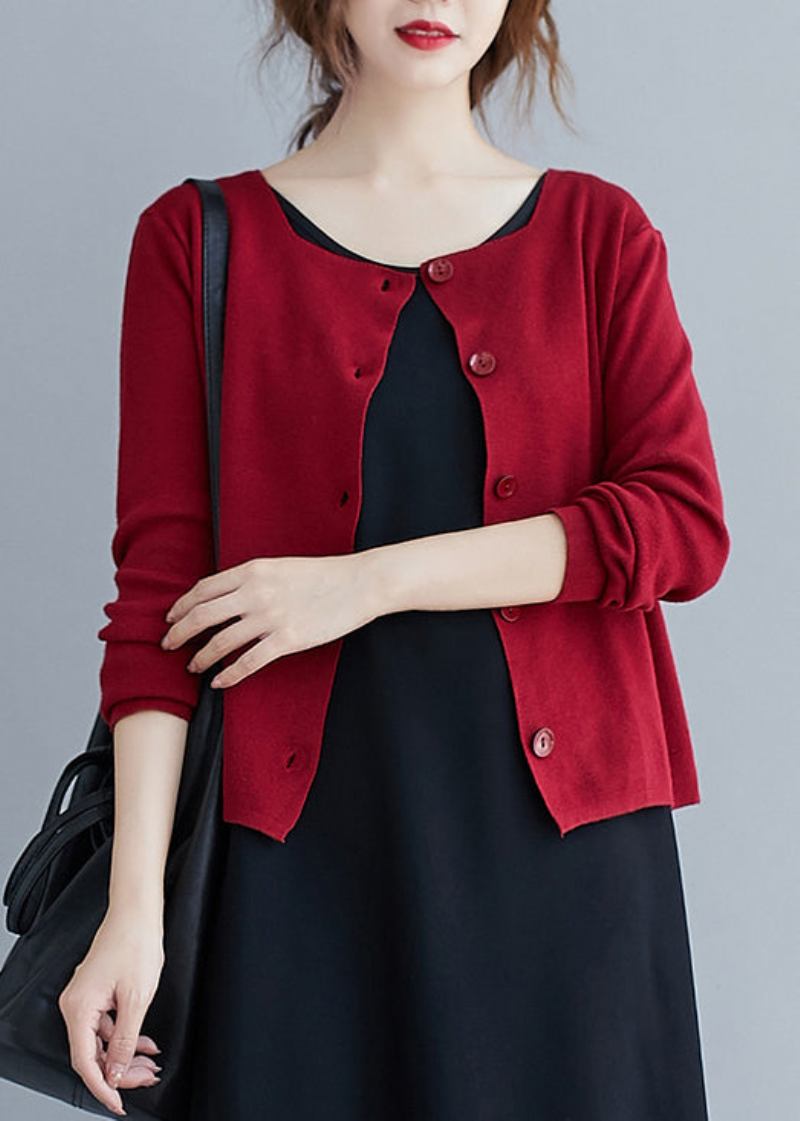 Roter O-ausschnitt-patchwork-strick-baumwollcardigan Für Damen Herbst - Damen-Cardigans