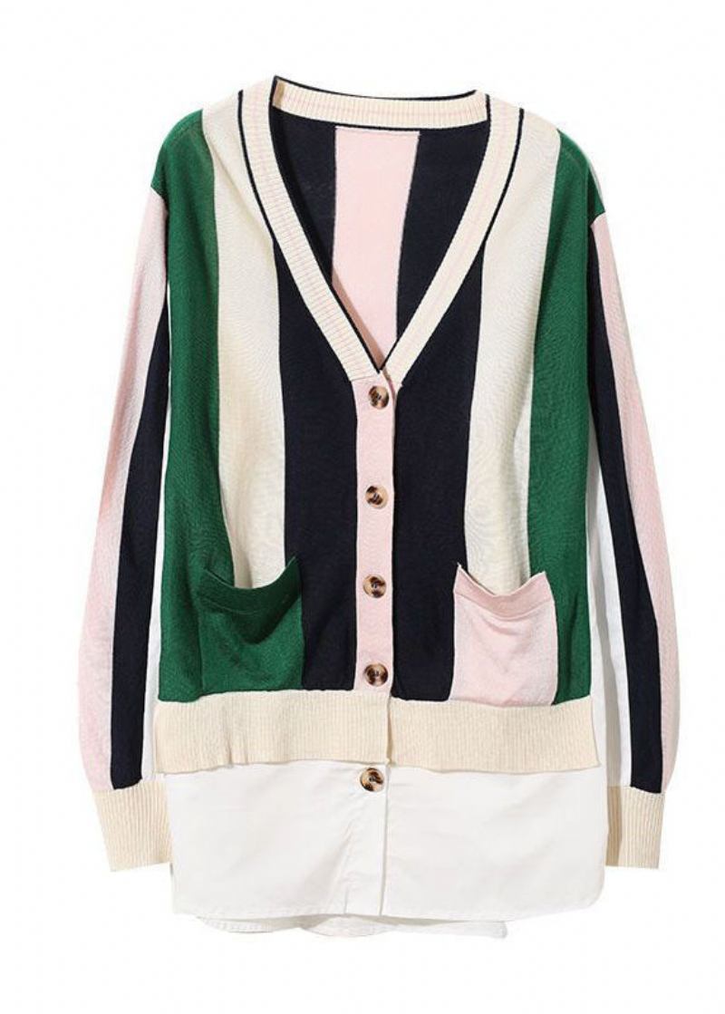 Schicke Colorblock V-ausschnitt Patchwork Gestreifte Strick Cardigans Frühling - Damen-Cardigans