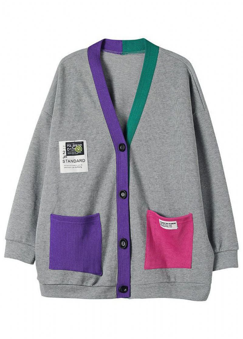 Schicke Graue Patchwork-baumwoll-cardigans Mit V-ausschnitt Frühling - Damen-Cardigans