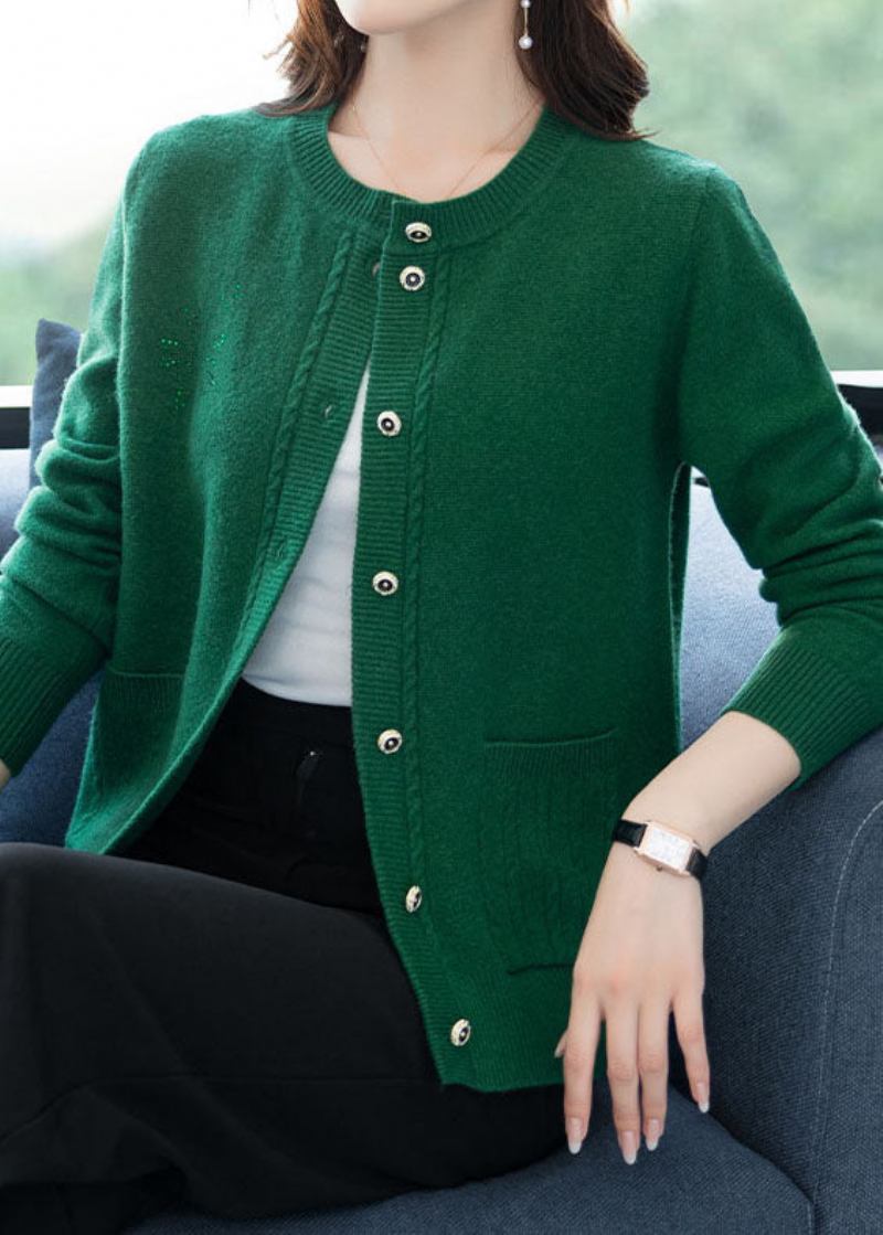 Schicke Grüne Patchwork-wolljacken Mit Knopfleiste Für Den Herbst Mit Dicken Lockeren Wollmantel Für Den - Damen-Cardigans