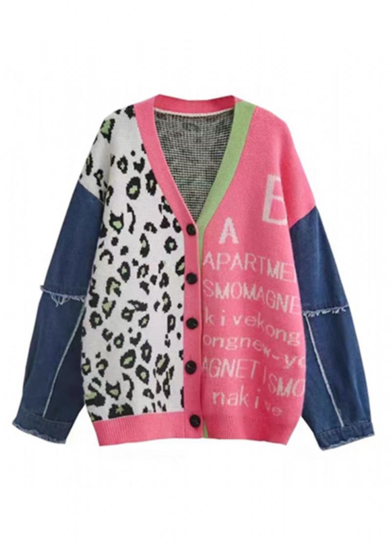 Schicke Rosa Strickjacke Mit V-ausschnitt Und Print Denim Patchwork Frühling - Damen-Cardigans