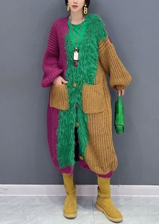 Schicker Grüner Patchwork-strick-cardigan Mit V-ausschnitt Und Knopftaschen Für Den Herbst