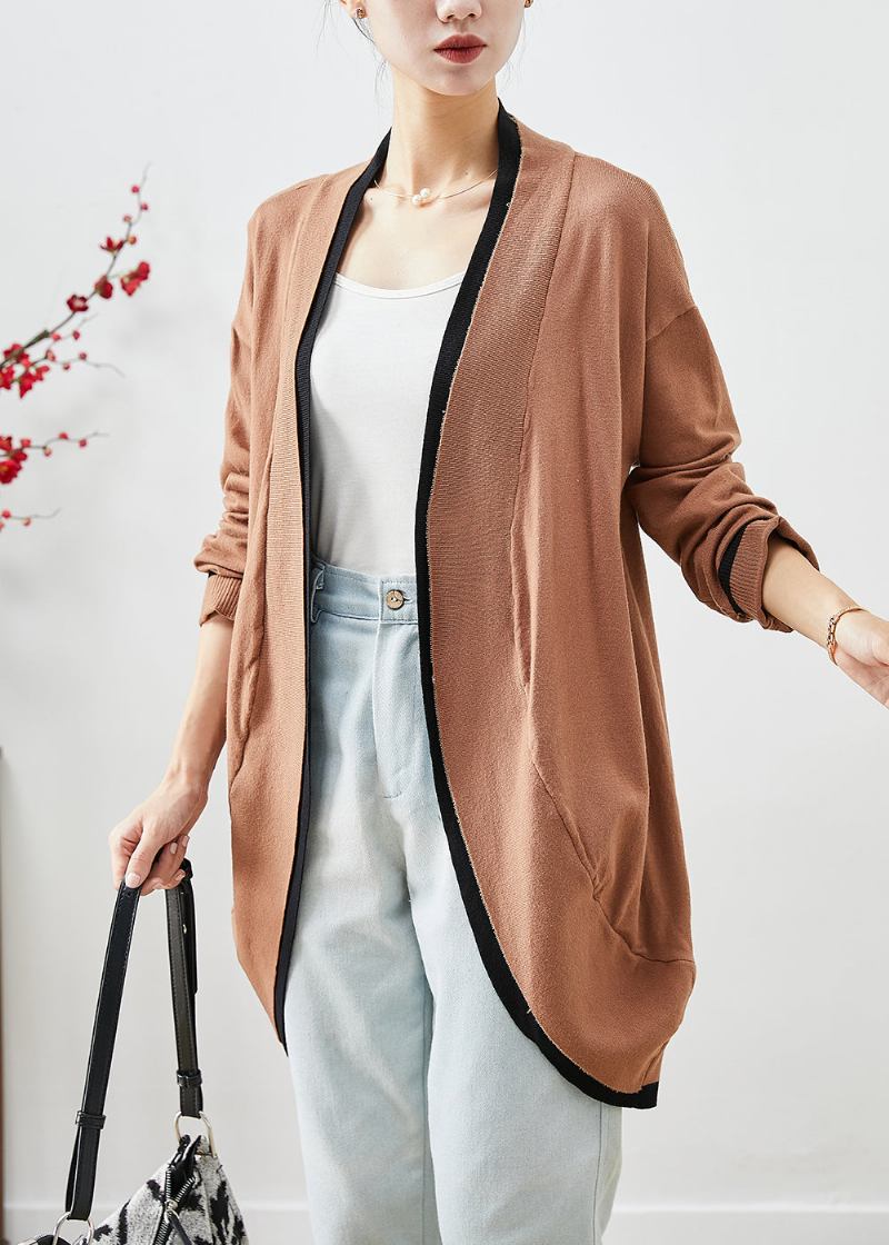 Schlichter Übergroßer Khakifarbener Patchwork-strickcardigan Mit Quasten Im Herbst - Damen-Cardigans