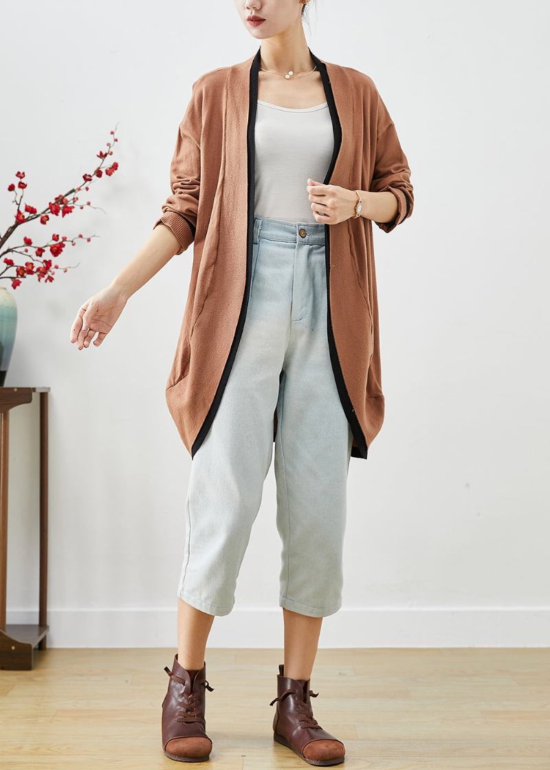 Schlichter Übergroßer Khakifarbener Patchwork-strickcardigan Mit Quasten Im Herbst - Damen-Cardigans