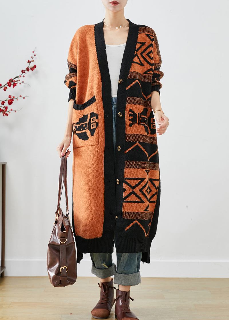 Schöne Orangefarbene Übergroße Strickjacken Mit Print Für Den Herbst - Damen-Cardigans