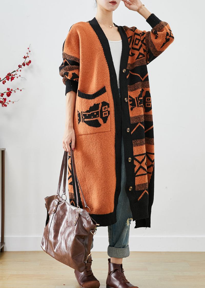 Schöne Orangefarbene Übergroße Strickjacken Mit Print Für Den Herbst - Damen-Cardigans