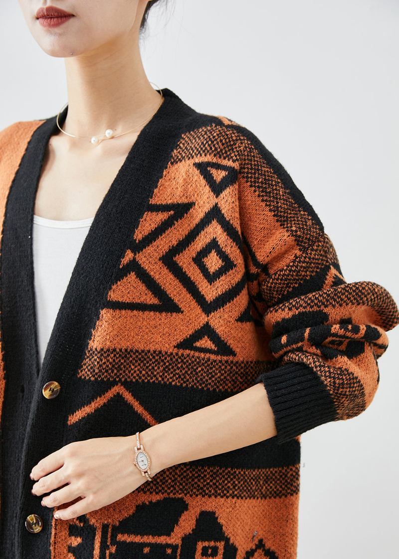 Schöne Orangefarbene Übergroße Strickjacken Mit Print Für Den Herbst - Damen-Cardigans