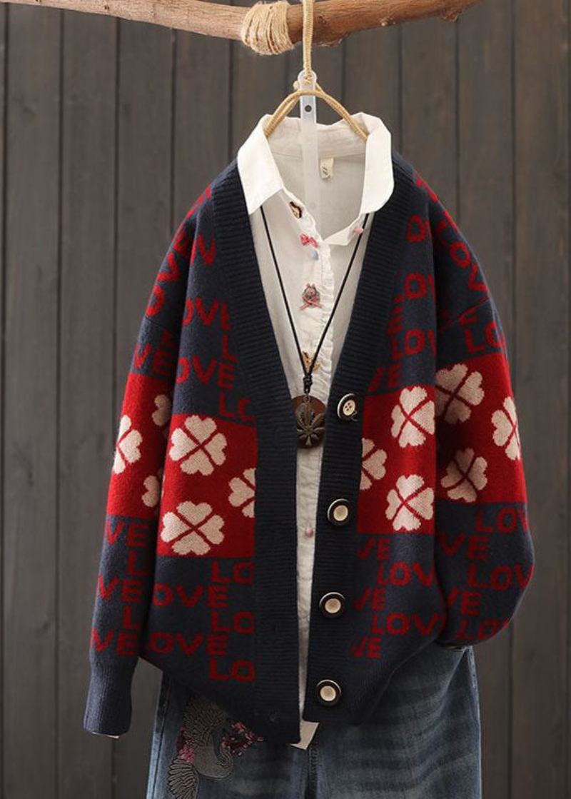 Schöne Rote Übergroße Patchwork-strickjacken Mit Buchstabendruck Winter - Damen-Cardigans