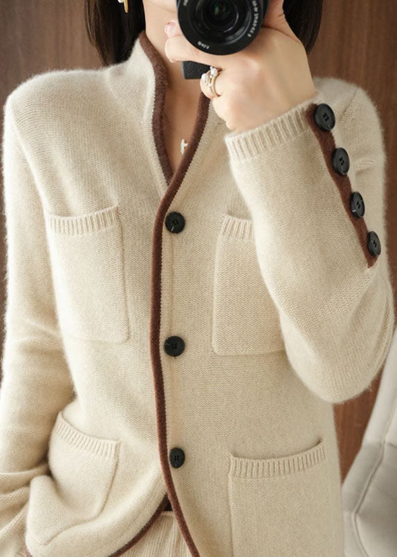 Schöner Beigefarbener Dicker Lockerer Cardigan Mit Stehkragen Und Taschen Für Den Winter - Damen-Cardigans