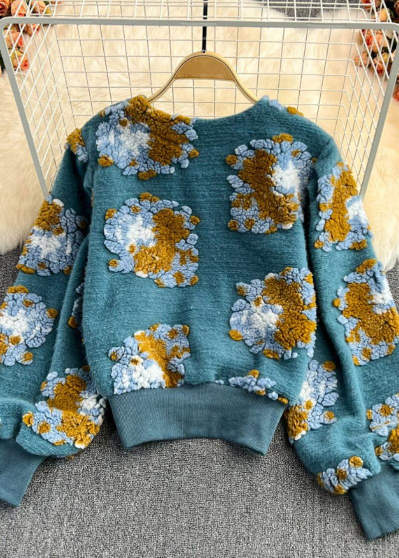 Schöner Flauschiger Blauer Strickpullover Mit Rundhalsausschnitt Und Blumenmuster Für Den Frühling - Damen-Cardigans