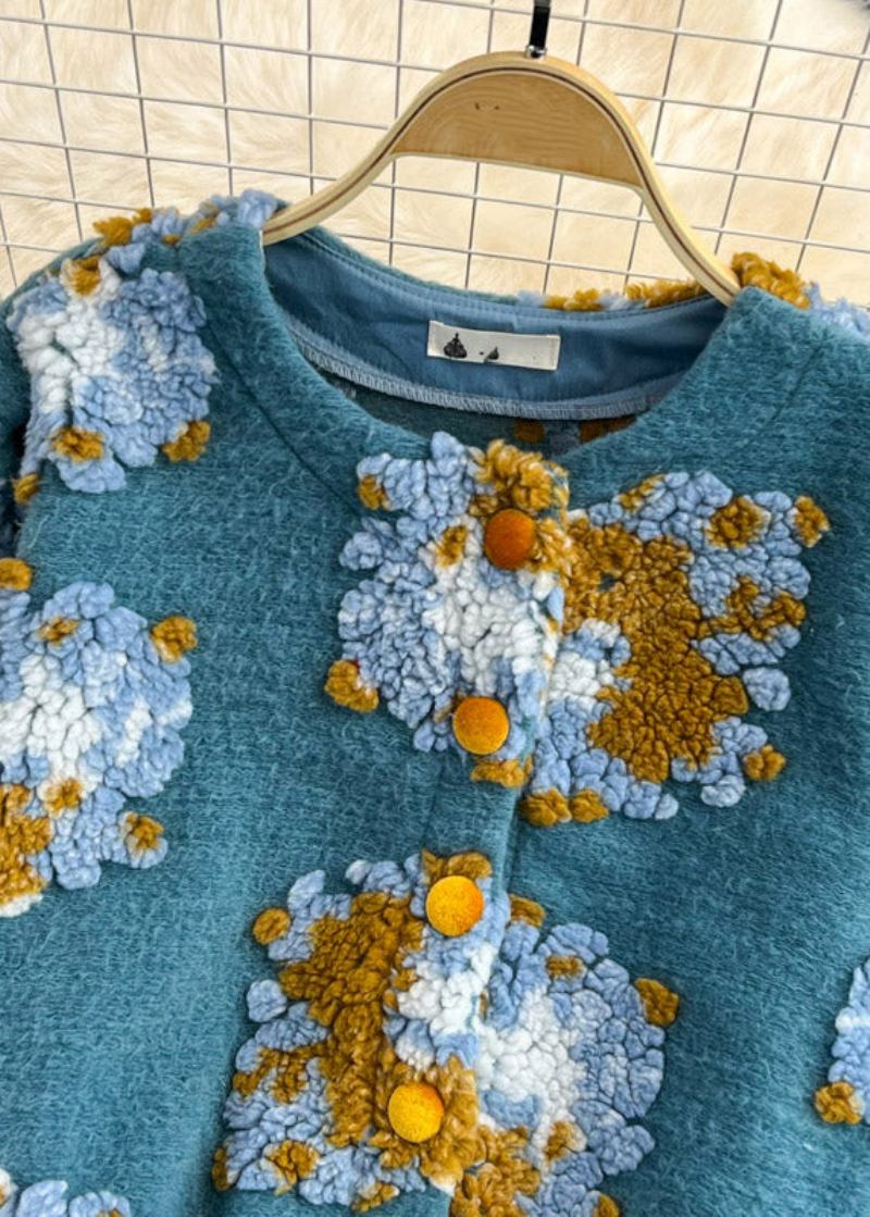 Schöner Flauschiger Blauer Strickpullover Mit Rundhalsausschnitt Und Blumenmuster Für Den Frühling - Damen-Cardigans