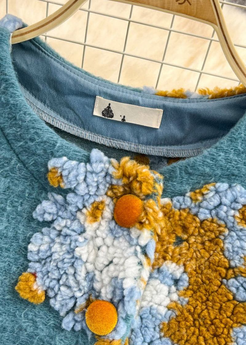 Schöner Flauschiger Blauer Strickpullover Mit Rundhalsausschnitt Und Blumenmuster Für Den Frühling - Damen-Cardigans