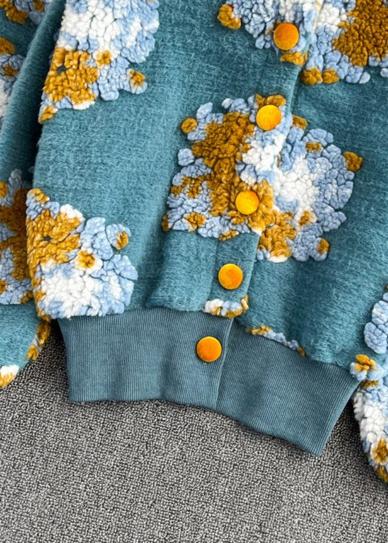 Schöner Flauschiger Blauer Strickpullover Mit Rundhalsausschnitt Und Blumenmuster Für Den Frühling - Damen-Cardigans