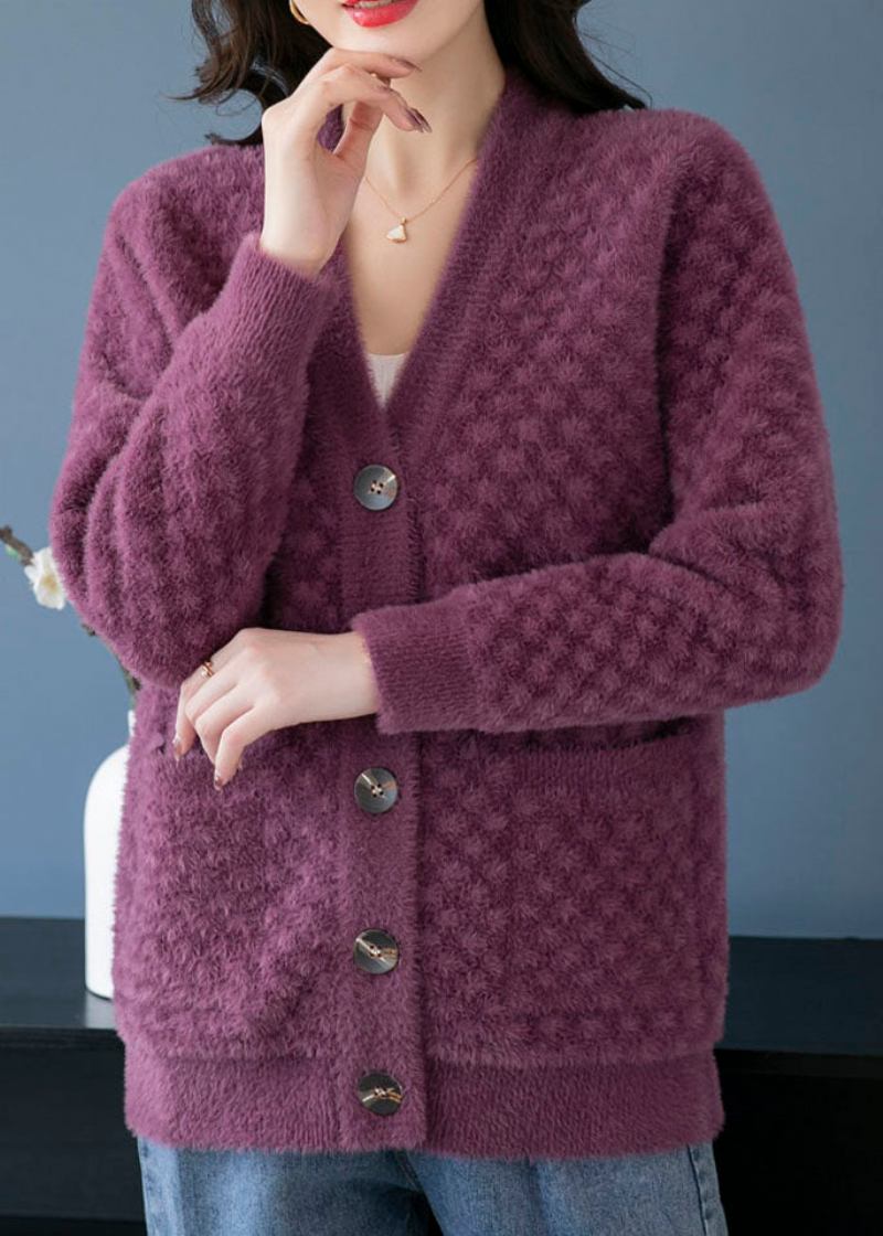 Schöner Lilafarbener V-ausschnitt-patchwork-strickmantel Aus Nerzhaar Für Den Herbst - Damen-Cardigans