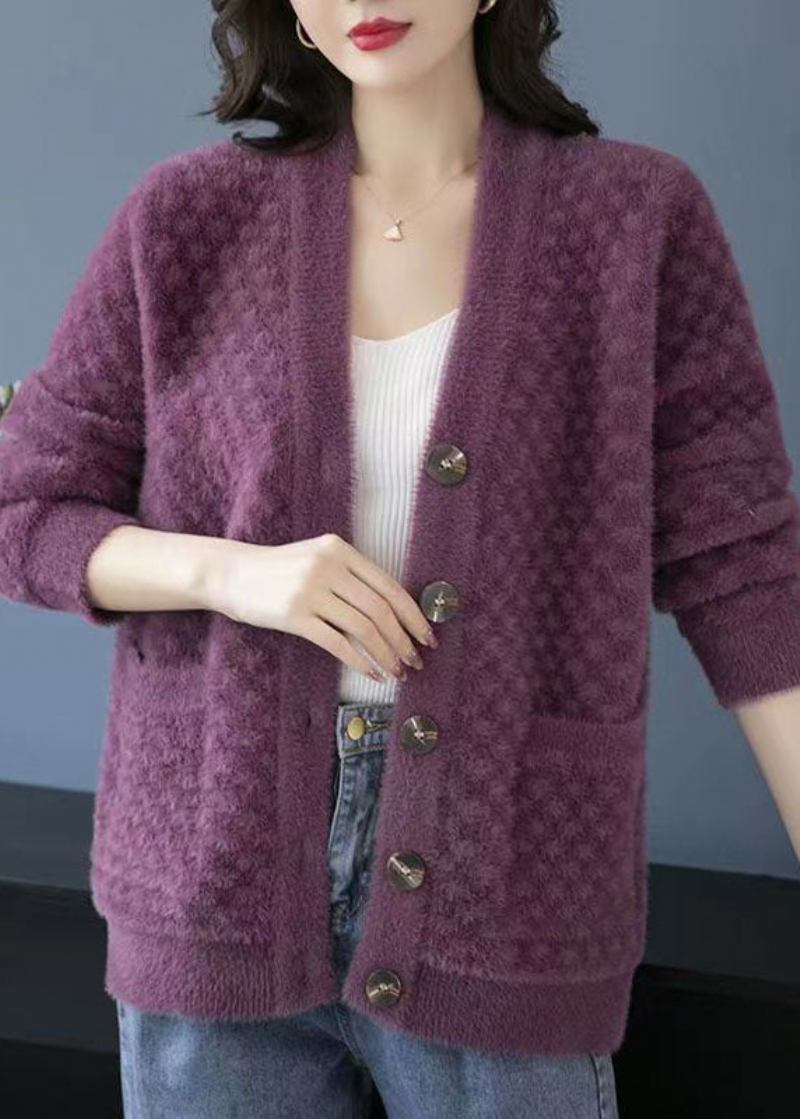 Schöner Lilafarbener V-ausschnitt-patchwork-strickmantel Aus Nerzhaar Für Den Herbst - Damen-Cardigans