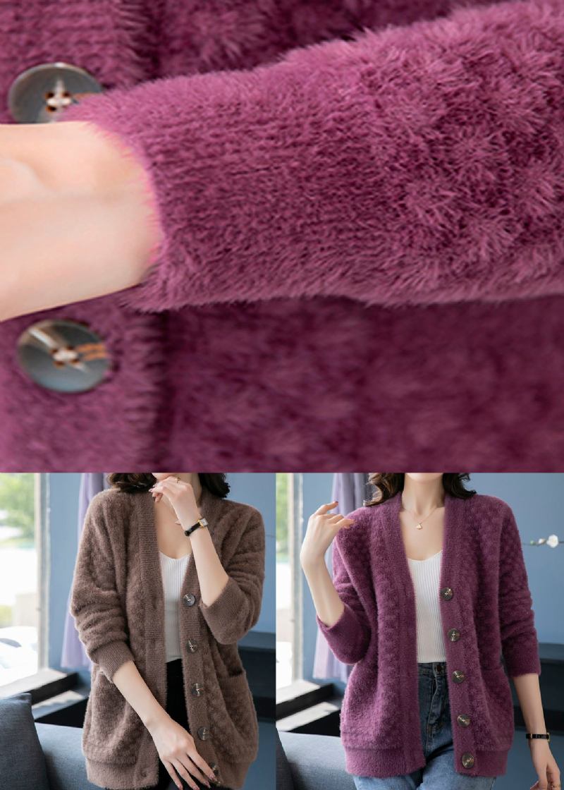 Schöner Lilafarbener V-ausschnitt-patchwork-strickmantel Aus Nerzhaar Für Den Herbst - Damen-Cardigans