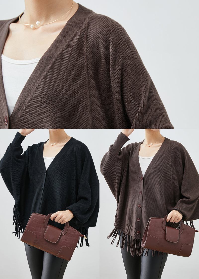 Schöner Übergroßer Schwarzer Strickmantel Mit Quasten Herbst - Damen-Cardigans