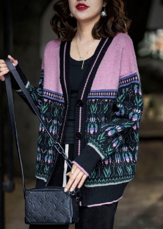 Schwarz-rosa Übergroße Lockere Strickjacke Im Patchwork-stil Im Boho-stil Für Den Winter