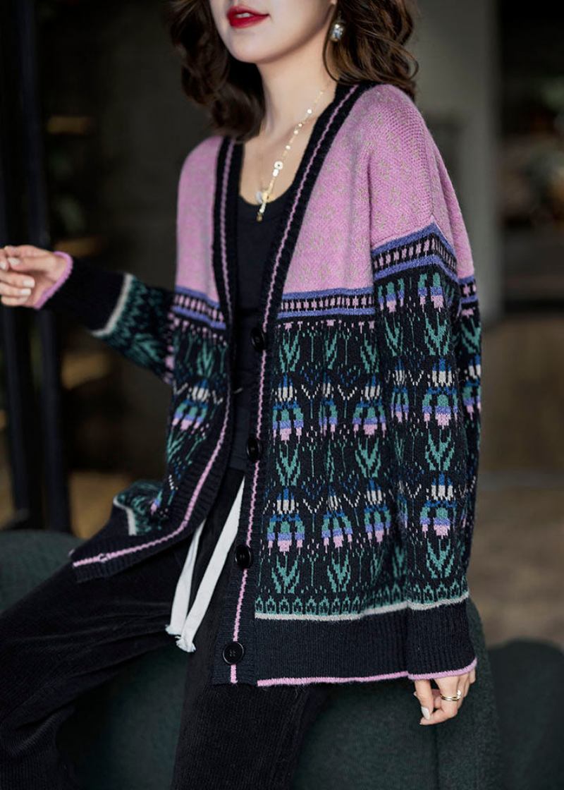 Schwarz-rosa Übergroße Lockere Strickjacke Im Patchwork-stil Im Boho-stil Für Den Winter - Damen-Cardigans