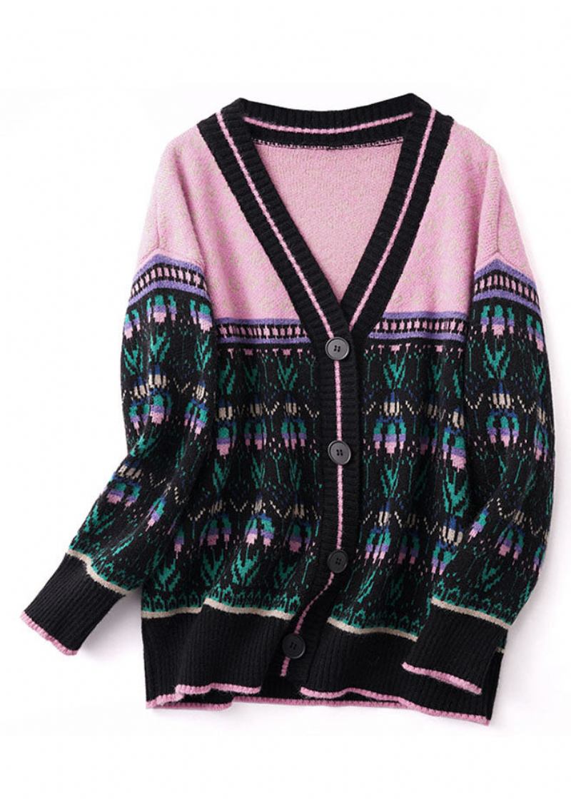 Schwarz-rosa Übergroße Lockere Strickjacke Im Patchwork-stil Im Boho-stil Für Den Winter - Damen-Cardigans