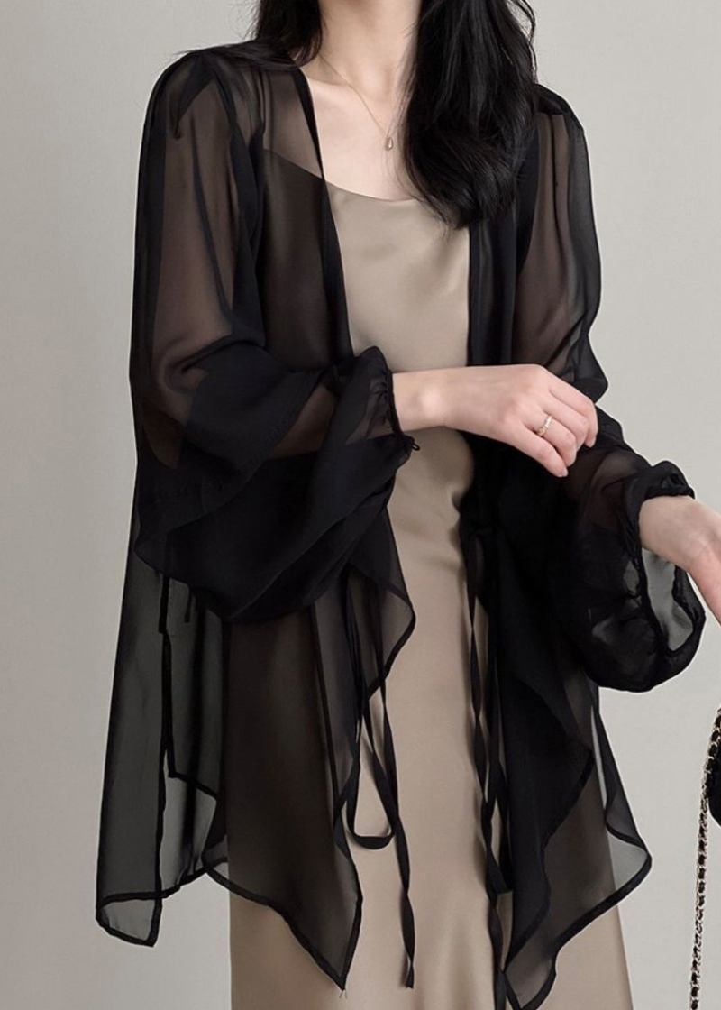 Schwarze Chiffon-strickjacke Mit V-ausschnitt Und Bindegürtel Für Damen Für Lsf 50+ Sommer