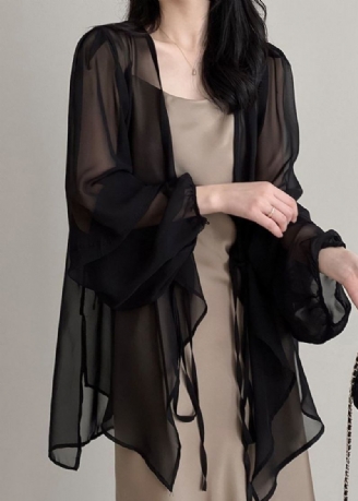 Schwarze Chiffon-strickjacke Mit V-ausschnitt Und Bindegürtel Für Damen Für Lsf 50+ Sommer