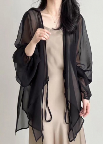 Schwarze Dünne Chiffon-cardigans Mit Schnürung Für Damen Frühling