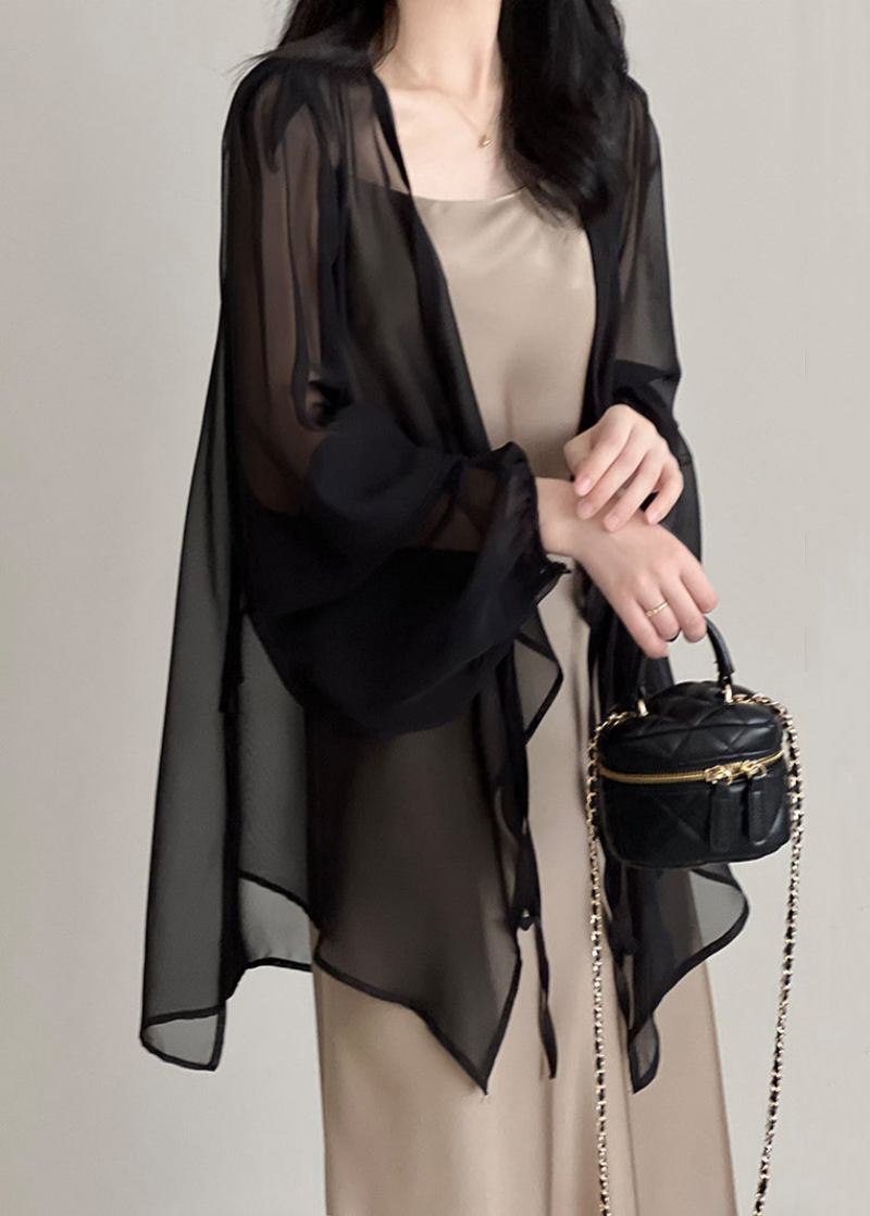 Schwarze Dünne Chiffon-cardigans Mit Schnürung Für Damen Frühling - Damen-Cardigans