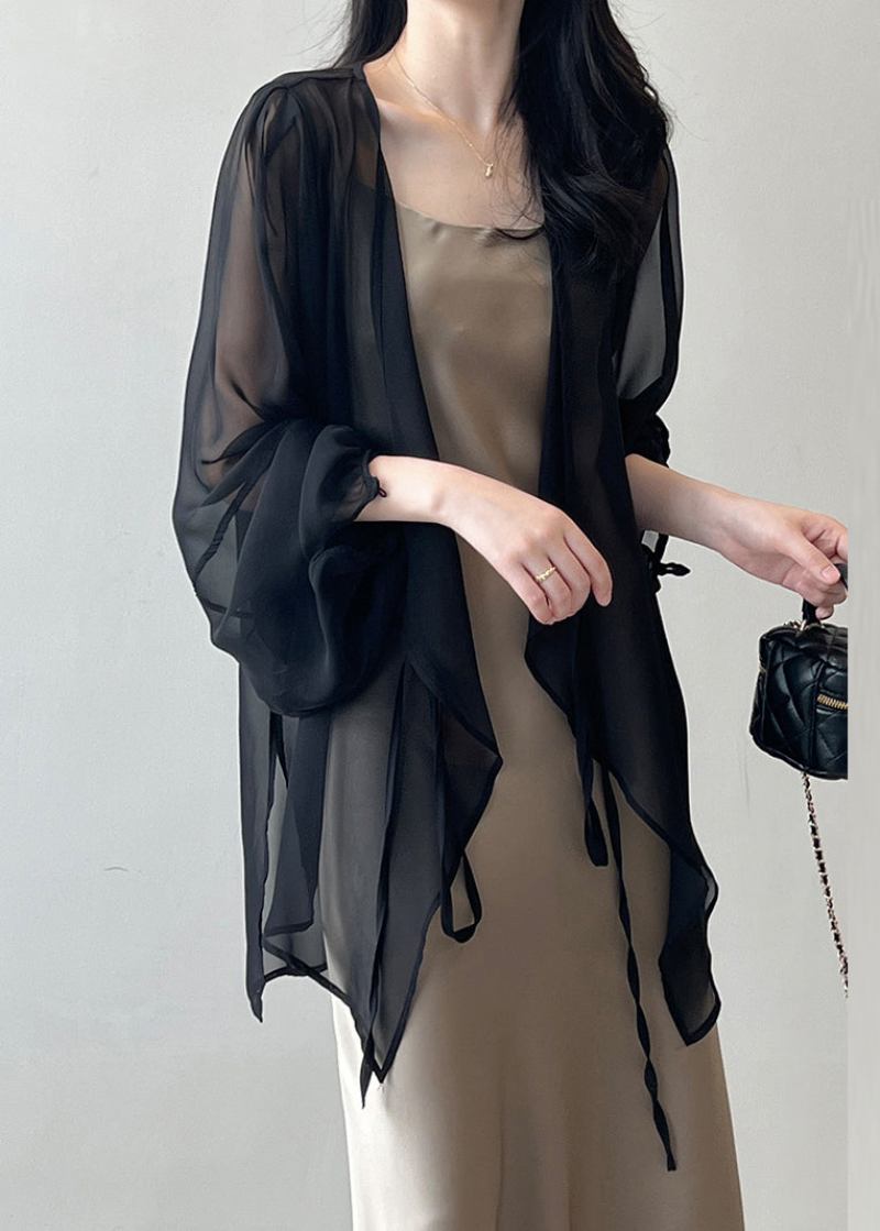 Schwarze Dünne Chiffon-cardigans Mit Schnürung Für Damen Frühling - Damen-Cardigans