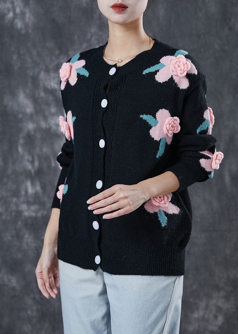 Schwarze Kuschelige Strickjacken Mit Stereoskopischem Blumenmuster Frühling - Damen-Cardigans