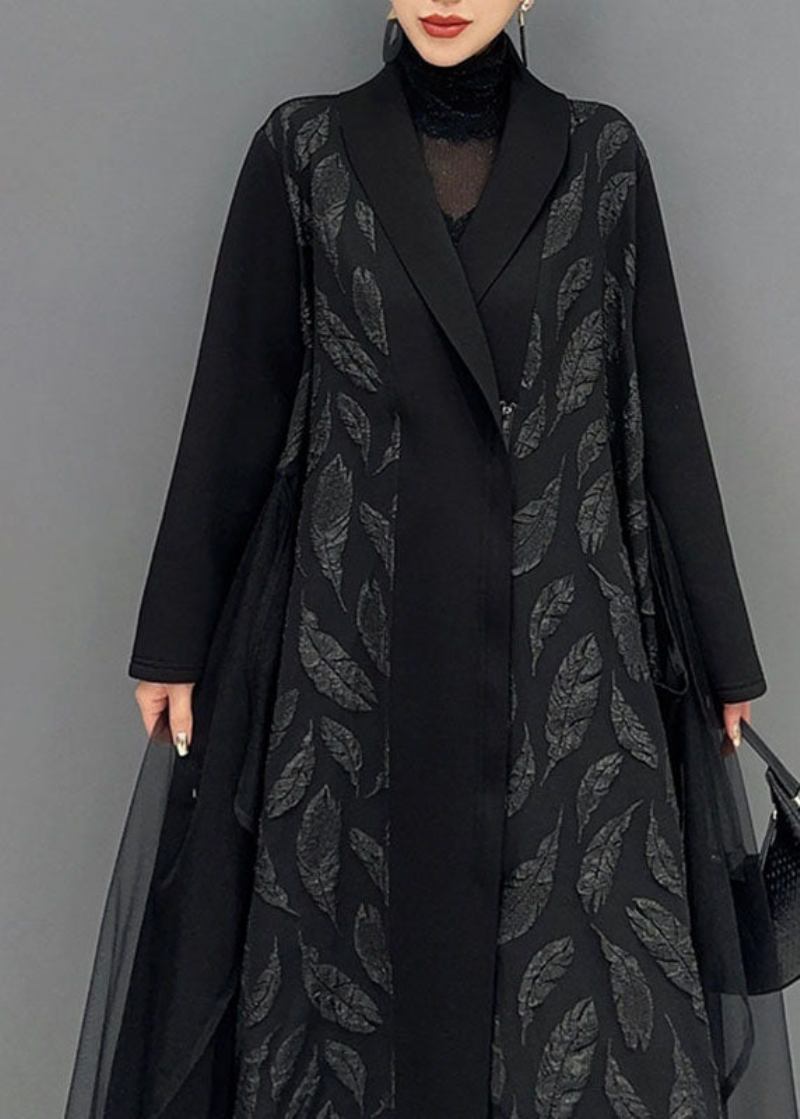 Schwarze Maxi-strickjacke Aus Patchwork Mit Langen Ärmeln Und Gekerbtem Tüll In Übergröße - Damen-Cardigans