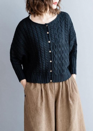 Schwarze O-ausschnitt-strickbluse Für Die Arbeit Übergroßer Strickpullover Mit Fledermausärmeln