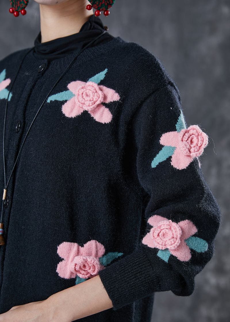 Schwarze Stereoskopische Strickjacke Mit Blumenmuster Zum Selbermachen Frühling - Damen-Cardigans