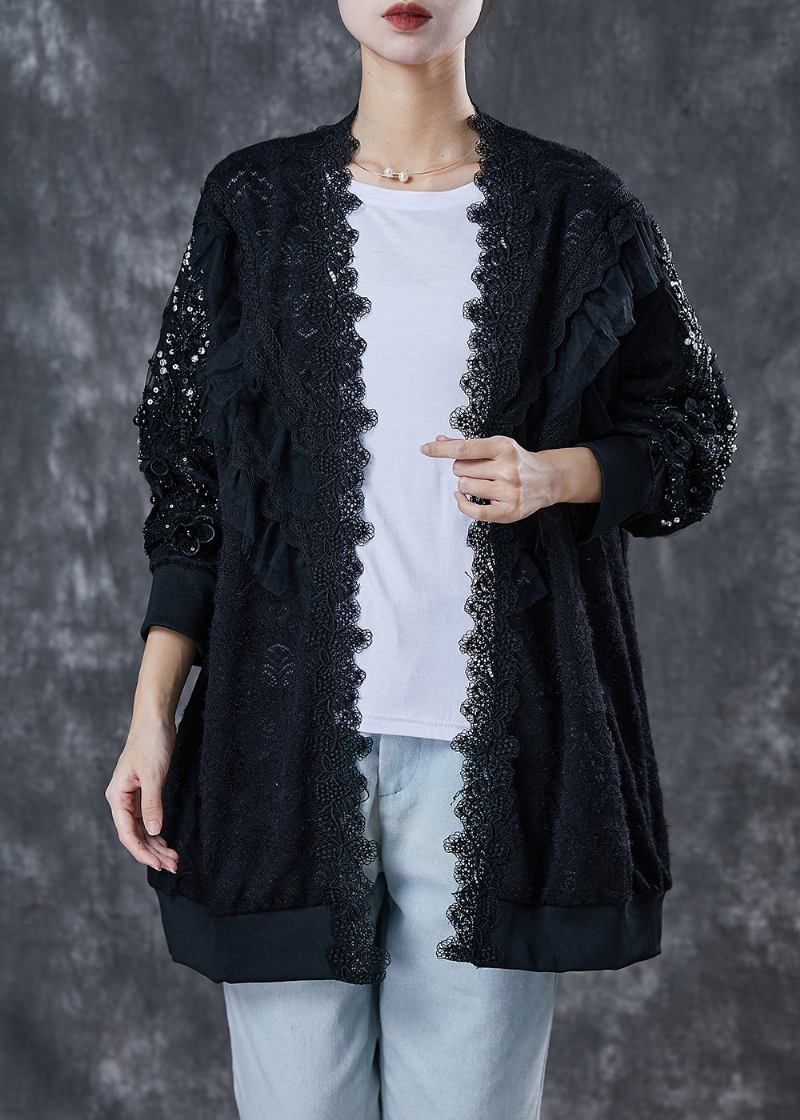 Schwarze Übergroße Strickjacke Mit Patchwork-spitze Im Bohemian-stil Frühling - Damen-Cardigans