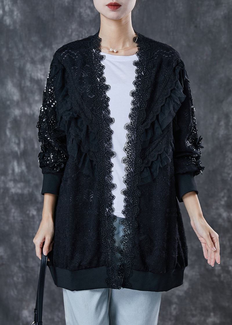 Schwarze Übergroße Strickjacke Mit Patchwork-spitze Im Bohemian-stil Frühling - Damen-Cardigans