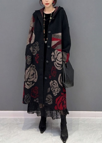 Schwarzer Lockerer Strick-cardigan Mit Rosen-print Und Kapuze Frühling