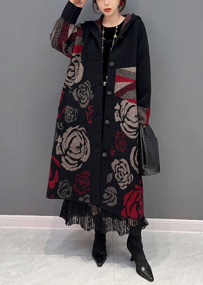 Schwarzer Lockerer Strick-cardigan Mit Rosen-print Und Kapuze Frühling - Damen-Cardigans