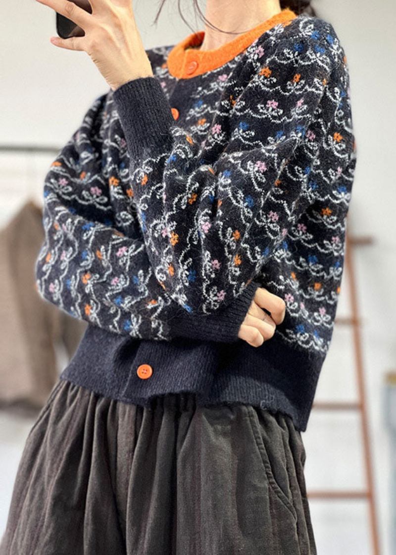 Schwarzer Rundhalsiger Jacquard-patchwork-strick-cardigan Für Den Winter In Übergröße - Damen-Cardigans