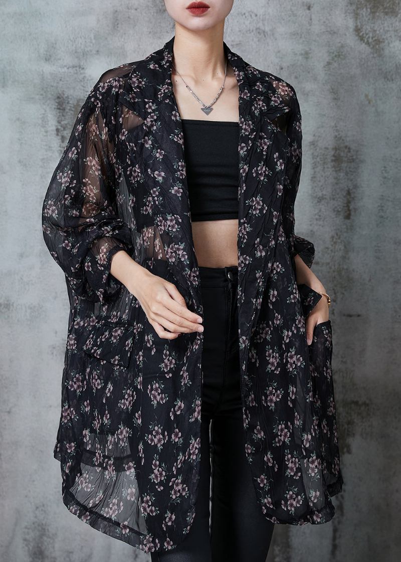 Schwarzer Übergroßer Chiffoncardigan Mit Aufdruck Sommer - Damen-Cardigans